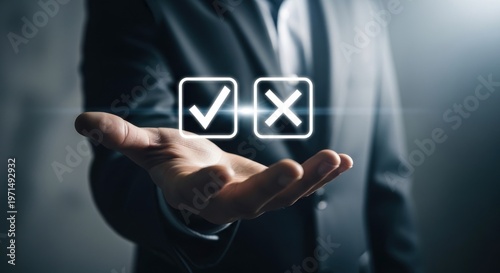Businessman presenting a choice between right and wrong