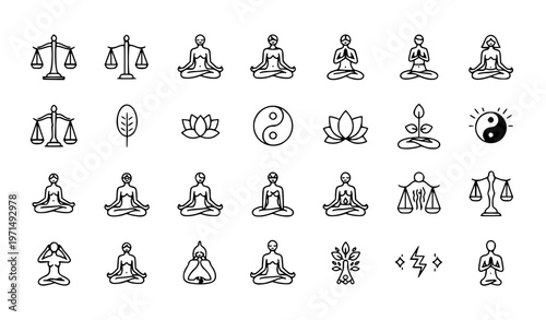 Harmony outline icon set with editable stroke wellness balance and mindfulness symbols minimal vector collection