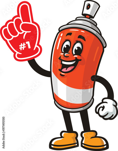 Cartoon spray paint mascot holding a giant foam finger