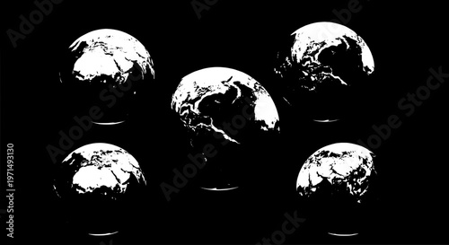 Globes set with white planet earth on black background with space, five different views and perspectives.
