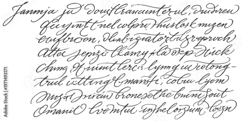 Vintage handwritten calligraphy script texture background with ornate cursive ink lettering vector illustration for historical design projects