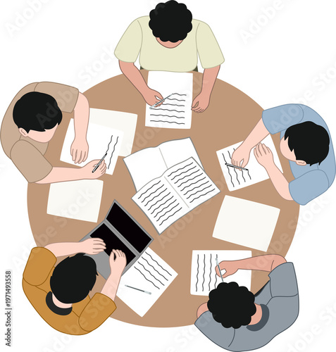 top view of diverse people studying together