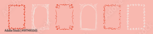 Crayon pink hand drawn girly frame set for wedding invitation, bachelorette party, Valentines day menu. Summer crayon Italian, Amalfi, Positano, Capri style border. Coquette minimalist aesthetic frame