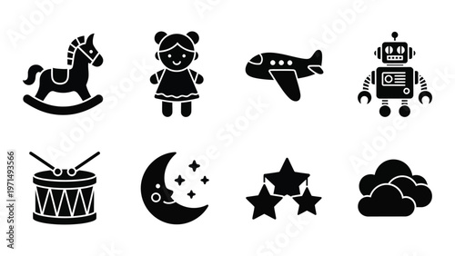 A collection of black silhouette icons depicts classic childhood toys including a rocking horse doll and airplane high quality professional detailed