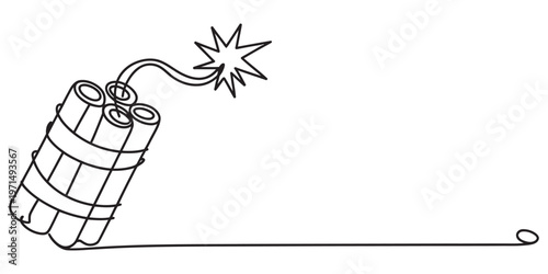 A simple black and white line drawing of a bundle of dynamite sticks with a lit fuse attached. Vector, illustration