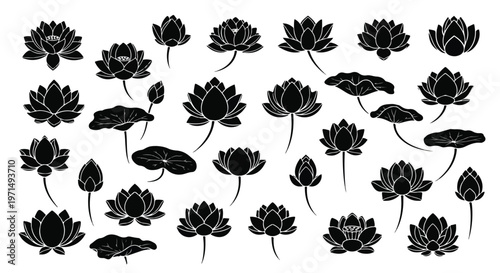 Collection of black silhouette lotus flowers and leaves in various blooming stages and poses