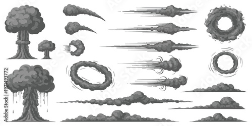 Set of cartoon smoke and explosion effects with dynamic motion trails and blast clouds vector illustration