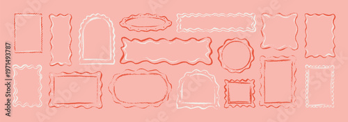 Set of coquette pink hand drawn doodle crayon, pencil, chalk scallop wavy frames. Girly oval, rectangle, square, circle shape borders for wedding, bachelorette party, birthday card, restaurant menu