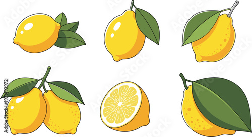 Lemon Collection Featuring Whole, Sliced, and Fresh Lemons with Leaves for Citrus Fruit and Food Illustrations