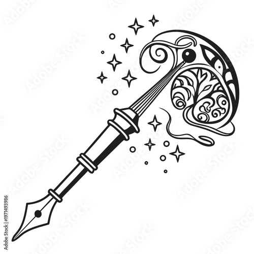 A black and white vector illustration of a magical fountain pen with stars and swirls
