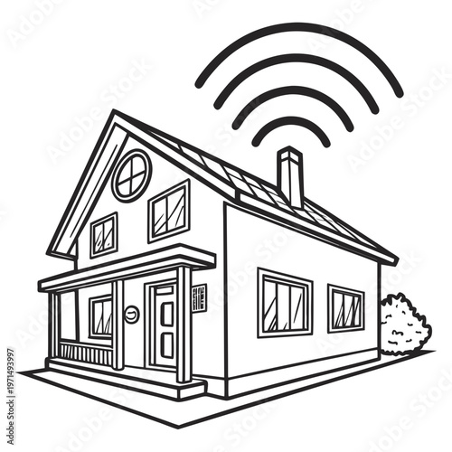 A simple line drawing of a house with a Wi-Fi signal emanating from it
