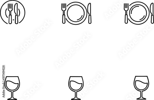 restaurant, dining, icons, set, plate, fork, knife, wine, glass, food, table, service, vector, illustration, outline, minimal, design, modern, UI, collection
