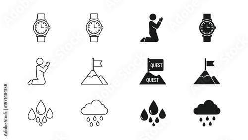 Icon set depicting time, quests, and weather conditions