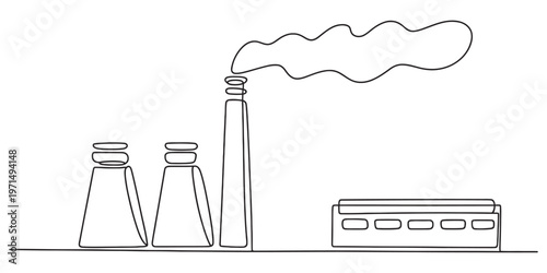 A continuous line drawing of a factory complex featuring a tall smoking chimney and industrial unit Vector, illustration