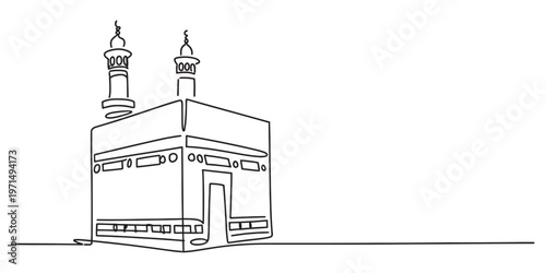 A simple continuous line drawing of the holy kaaba in mecca with two minarets in the background Vector, illustration