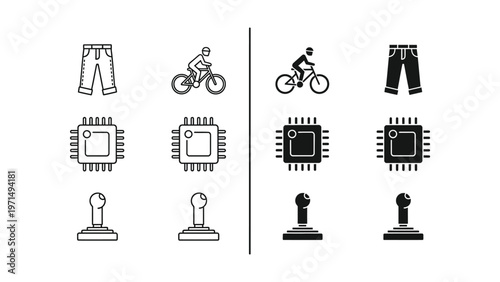 Contrasting icons of clothing, processors, and microphones with visual style differences