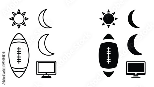 Day and night themed sports and technology icons with moon and sun