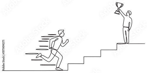 A single line drawing of a determined person running up stairs towards a successful champion Vector, illustration