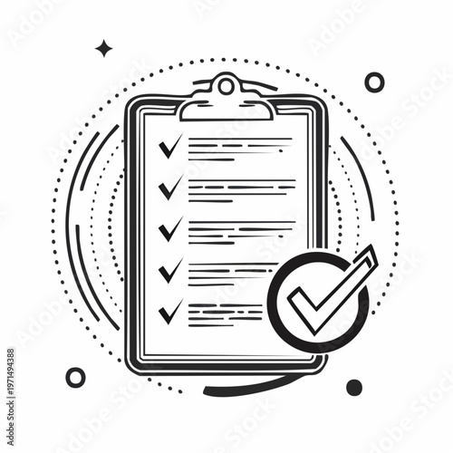 Clipboard with checklist and check mark icon business concept illustration　クリップボードとチェックリストのアイコン ビジネスコンセプトのイラスト　ベクターイラスト