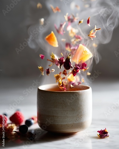 A ceramic cup emits steam while colorful herbs and dried fruits float above, creating an aromatic and soothing ambiance.