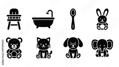 A collection of simple black glyph icons depicting baby items bath accessories and various stuffed animals high quality professional detailed modern