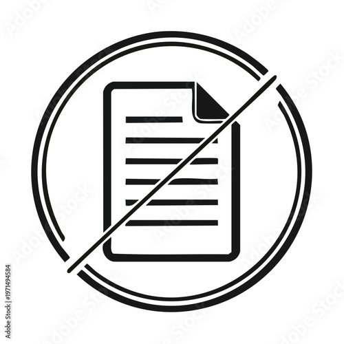 No documents icon with diagonal line in circle for restricted access　アクセス制限や禁止を表す斜線が入った円形フレームの書類アイコン　ベクターイラスト