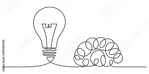 A single continuous line drawing of a light bulb that transforms into a human brain illustration. Vector, illustration