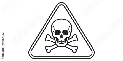 A black and white line art illustration of a classic skull and crossbones hazard sign icon. Vector, illustration