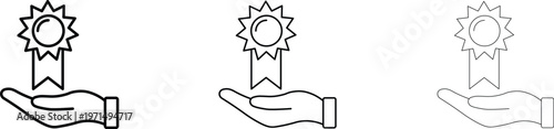 Three-line art icons showing a hand holding a reward badge to symbolize quality and achievement