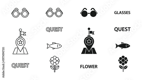 Collection of icons depicting various glasses, quests, and nature elements