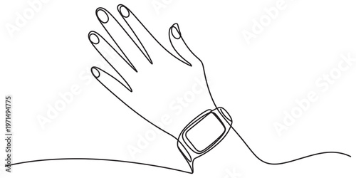A minimalist single line drawing of a human hand wearing a modern digital watch on the wrist area Vector, illustration