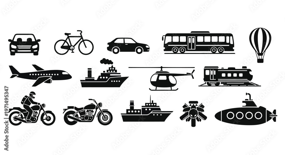 Obraz premium Various transportation modes depicted in a flat black silhouette high quality