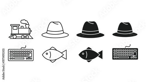 Iconic symbols representing technology, transportation, and nature in simple graphics