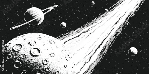 Black and white space illustration featuring a cratered planet with a cosmic beam and orbiting planets background