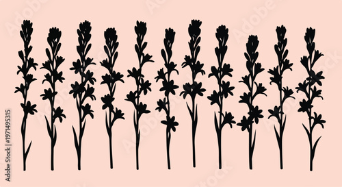 Silhouetted stems of blooming flowers arranged in a repeating pattern against a soft pastel background