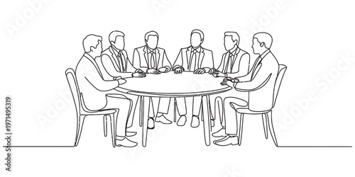 A continuous line drawing illustration of six businessmen sitting around a round table meeting Vector, illustration