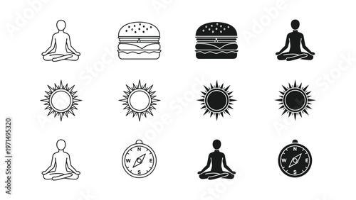Balancing meditation, nourishment, sunlight, and direction in daily life icons