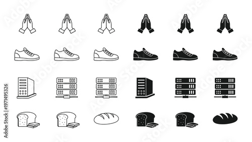 Diverse icons depicting hands, footwear, servers, and bread in varied styles
