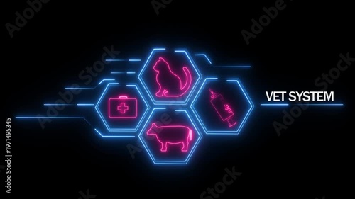 Neon veterinary system including cat cow medical bag and syringe arranged in hexagons with blue circuit lines on black background