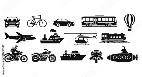 Various transportation modes depicted in a flat black silhouette high quality