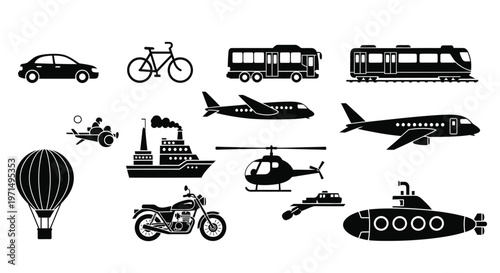 Various transportation modes displayed in a simple black style silhouette