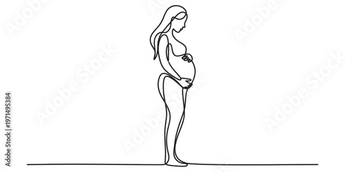A minimalist single line drawing of a beautiful pregnant woman standing in profile on white base Vector, illustration