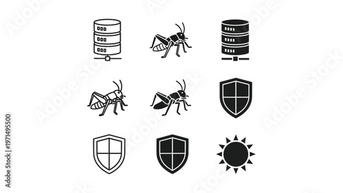 Cybersecurity icons depicting threats, databases, and protective measures