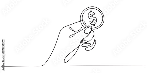 A continuous line drawing of a human hand holding a coin with a dollar sign on a white background Vector, illustration