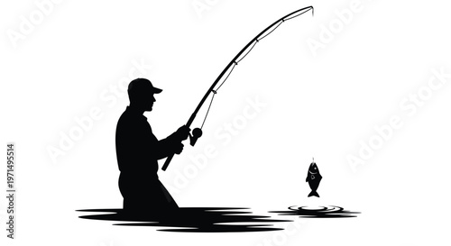 Fisherman casting a line with a caught fish striking black silhouette