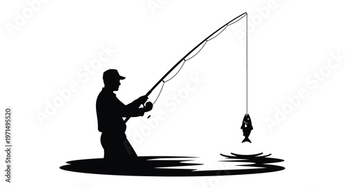 Fisherman with rod and caught fish a striking black silhouette