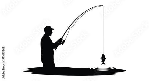 Fisherman casting a line with a caught fish stark black silhouette