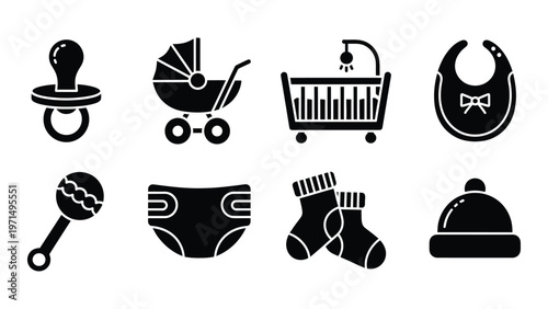 A collection of black silhouette icons represents various baby essentials including a stroller crib and feeding items high quality professional detailed