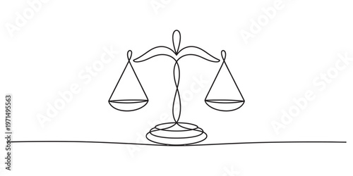 A minimalist single line drawing of the scales of justice representing legal balance and truth. Vector, illustration