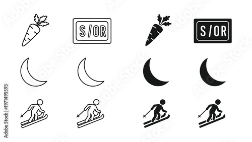 Symbolic representations of skiing, carrots, and moon phases with s or signs